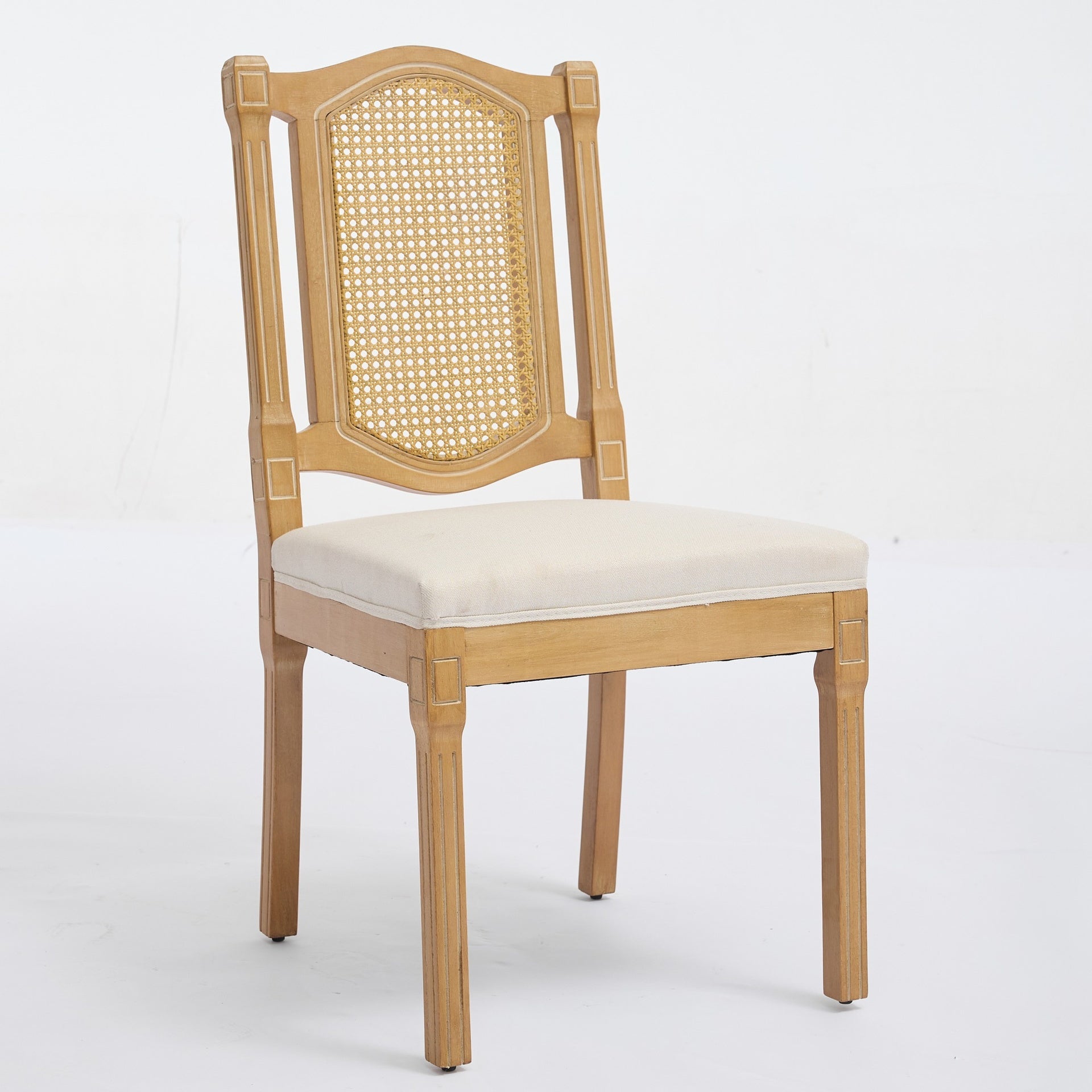 Solid Wood Rattan-Back Dining Chair, Matte Linen Cushion with High-Resilience Foam & S-Springs, Perfect for Rustic/Natural Style Dining Room, Café with Classic & Durable Design,Beige,Set of 2,SW1874BG
