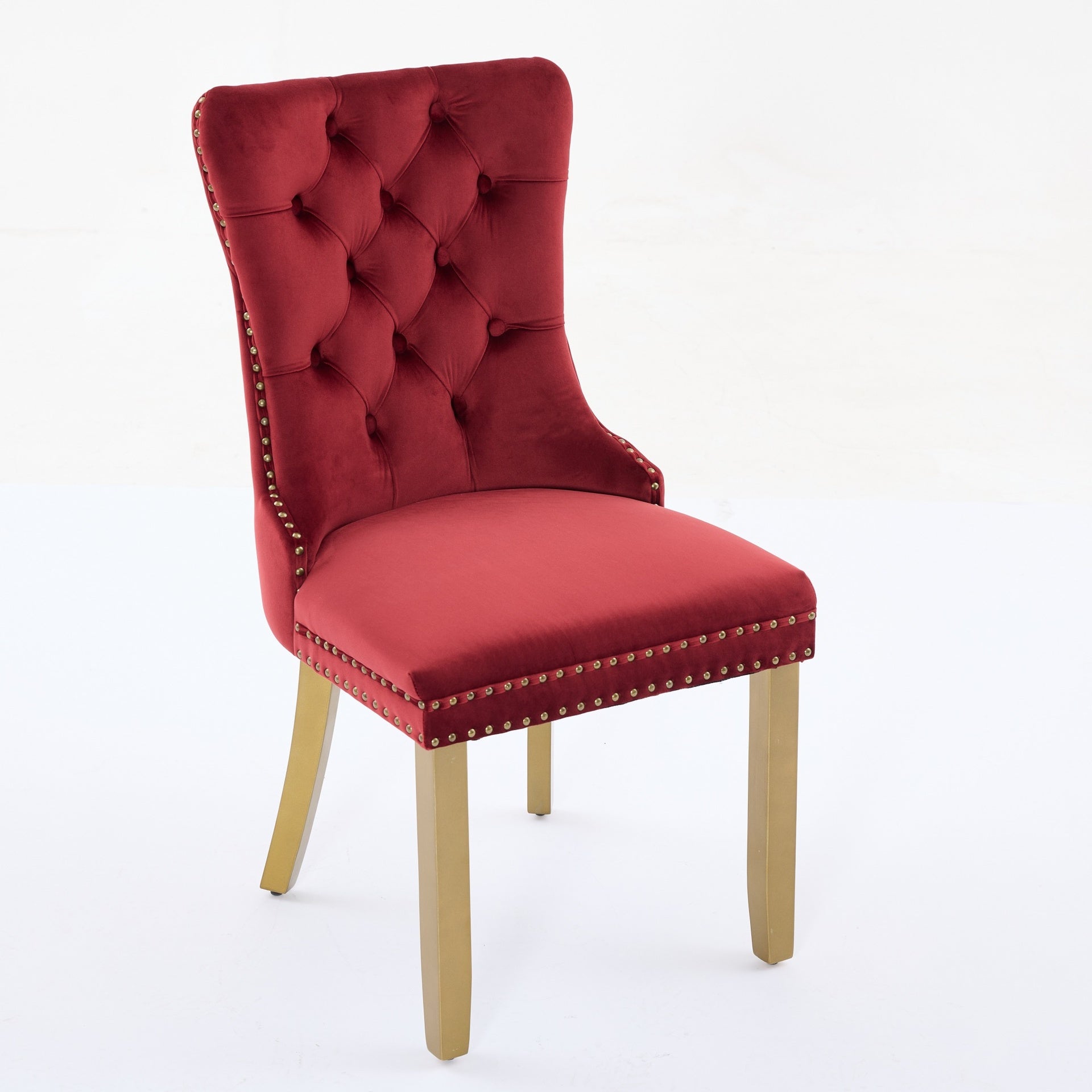 Mid-Century Modern Chairs with Lion Head Pull Ring,High-end Tufted Solid Wood Contemporary Velvet Upholstered Dining Chair with Golden Wooden Legs Nailhead Trim 2-Pcs Set,Wine Red,SW1201WR