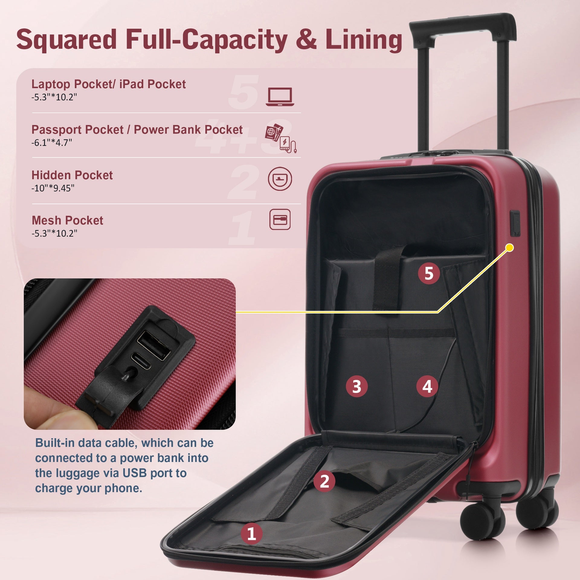 Luggage Sets 5 Piece with Front Opening, Hardside Expandable Carry On Suitcase Set with Double Spinner Wheel, Lightweight Travel Luggage with USB Port,TSA Locks 
(20"24"28")