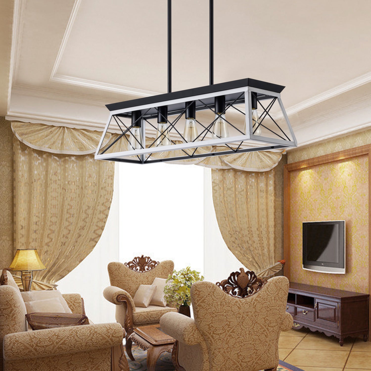 32" Black White Industrial 5-Light Pendant Chandelier, Modern Metal Cage Design, Adjustable Hanging Light for Dining Room, Kitchen, Living Room (No Bulbs)
