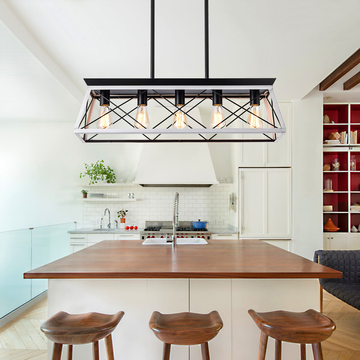 32" Black White Industrial 5-Light Pendant Chandelier, Modern Metal Cage Design, Adjustable Hanging Light for Dining Room, Kitchen, Living Room (No Bulbs)