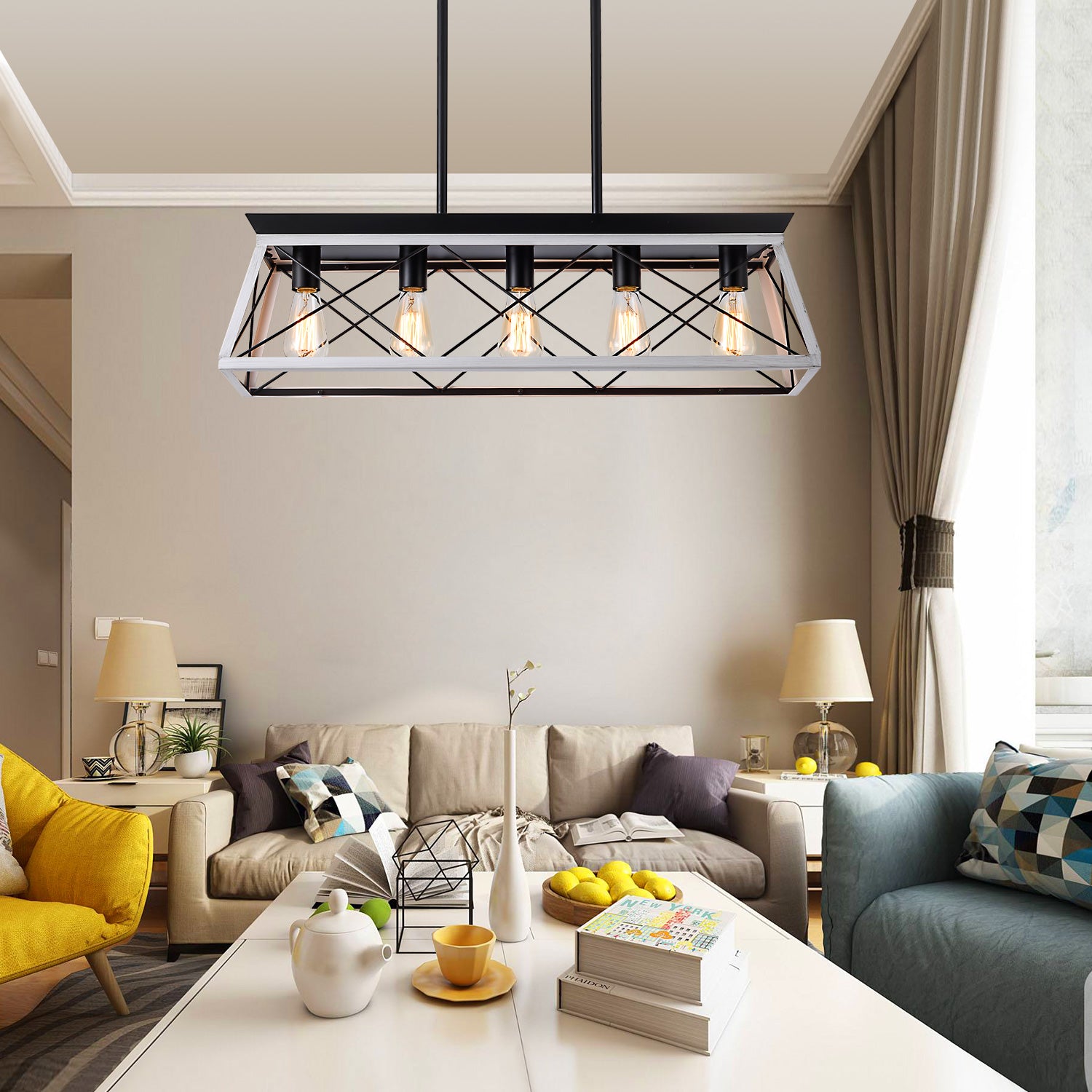 32" Black White Industrial 5-Light Pendant Chandelier, Modern Metal Cage Design, Adjustable Hanging Light for Dining Room, Kitchen, Living Room (No Bulbs)