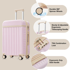 Luggage Set of 3, 20inch with USB Port, front opening design Airline Certified Carry on Luggage, ABS Hard Shell Luggage with Spinner Wheels,Light Pink