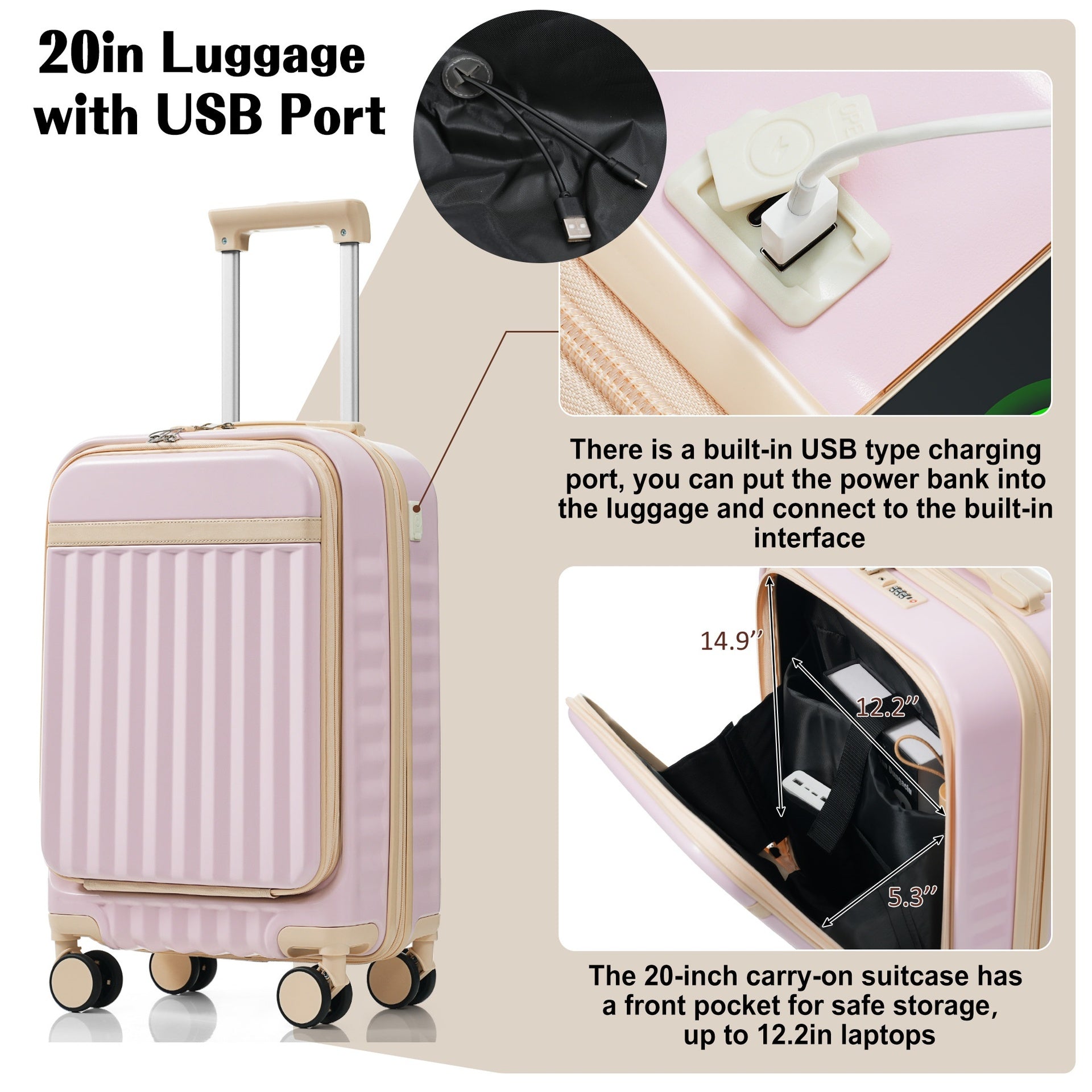 Luggage Set of 3, 20inch with USB Port, front opening design Airline Certified Carry on Luggage, ABS Hard Shell Luggage with Spinner Wheels,Light Pink
