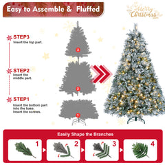 4FT Prelit Flocked Christmas Tree with Pine Needles & Eucalyptus Leaves, 150 Warm White LED Lights, 404 Tips, Hinged Branches, Metal Stand – Snowy Artificial Tree for Holiday Decor
