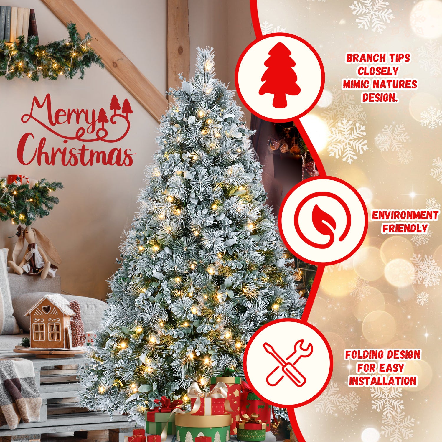 4FT Prelit Flocked Christmas Tree with Pine Needles & Eucalyptus Leaves, 150 Warm White LED Lights, 404 Tips, Hinged Branches, Metal Stand – Snowy Artificial Tree for Holiday Decor