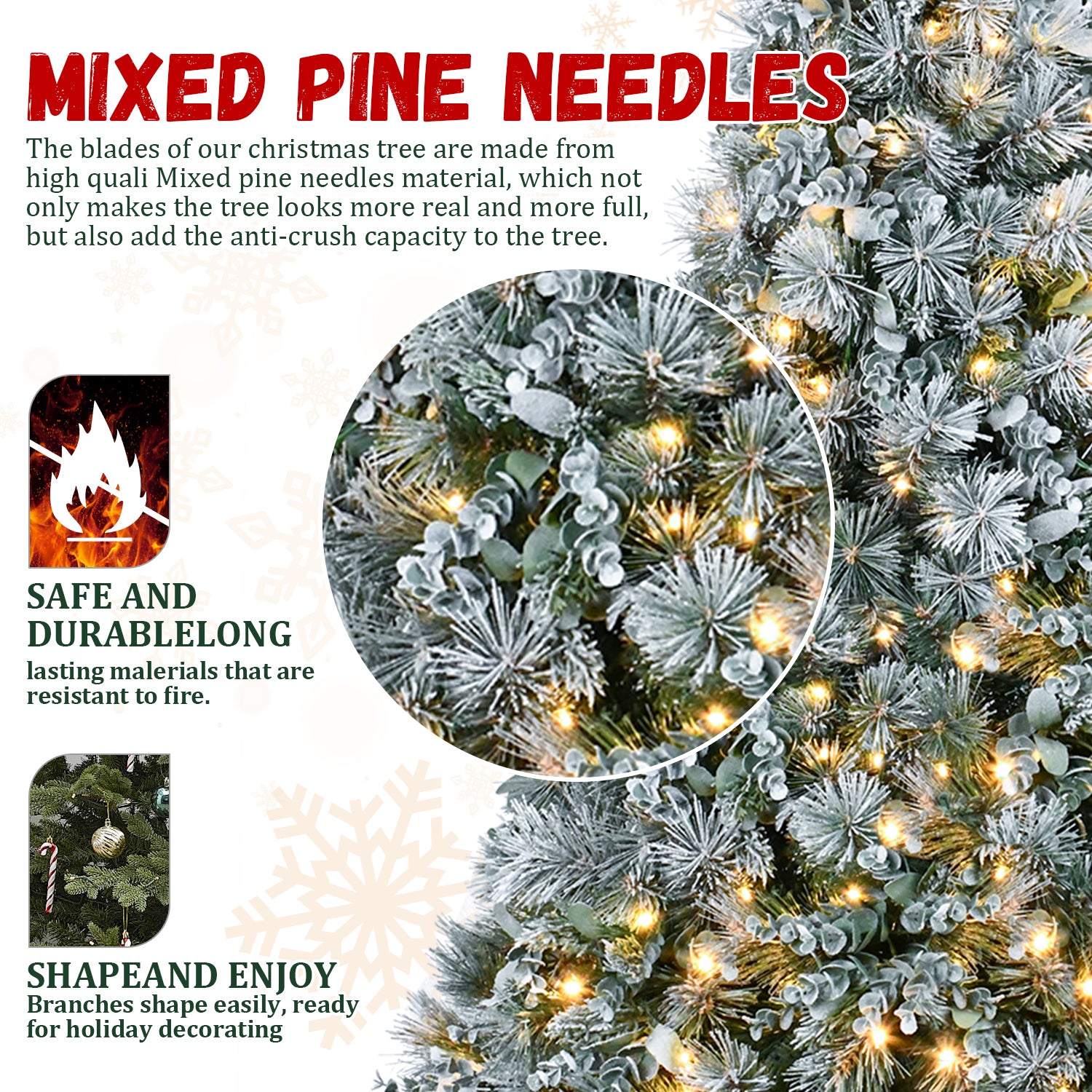 4FT Prelit Flocked Christmas Tree with Pine Needles & Eucalyptus Leaves, 150 Warm White LED Lights, 404 Tips, Hinged Branches, Metal Stand – Snowy Artificial Tree for Holiday Decor