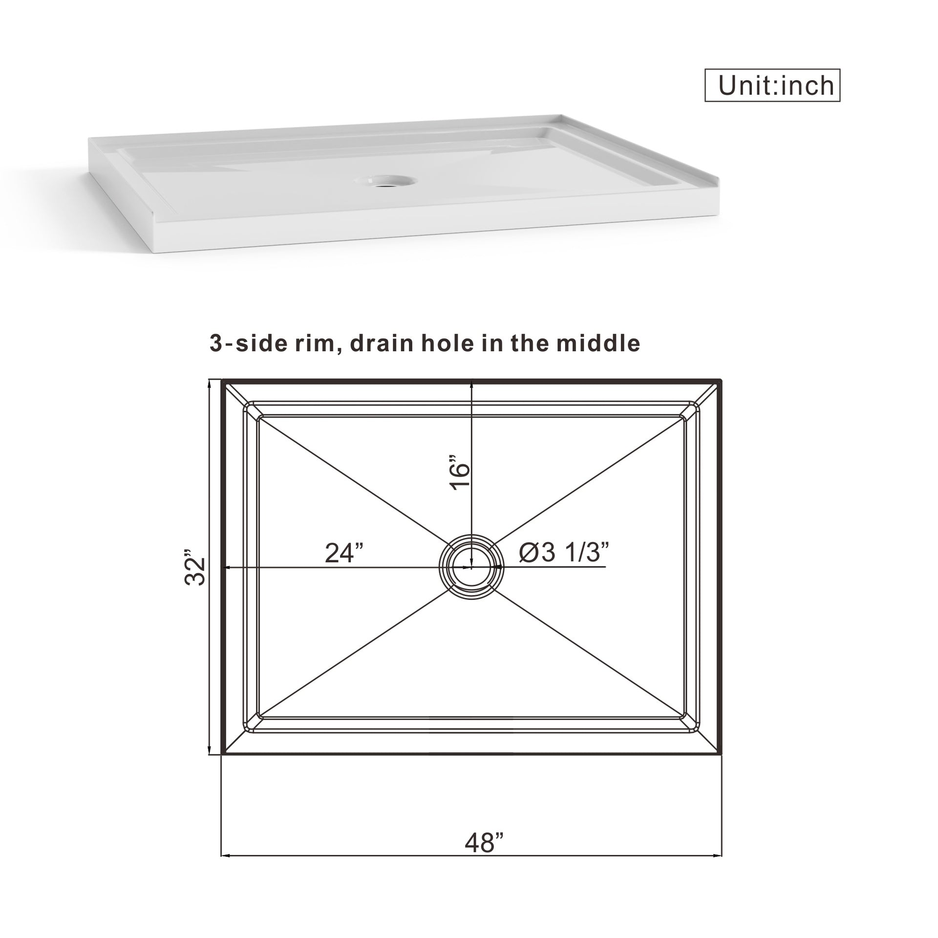 Goodyo 32"x48" Shower Base 3.4" Height Anti-slip Acrylic Center Drain Single Threshold Shower Base in White