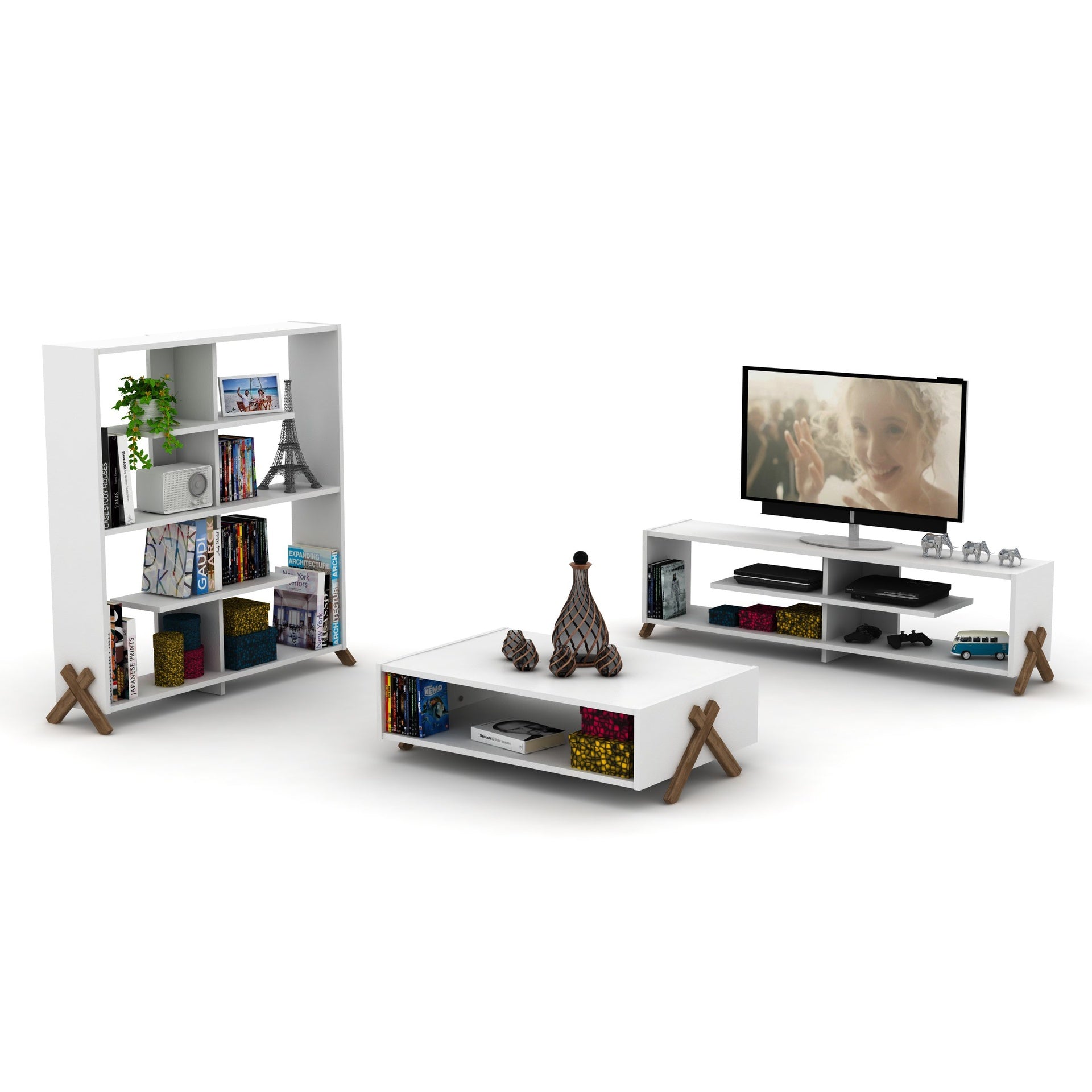 HT Design Kipp Cross Legs Wooden Frame Rectengular Coffee Table for Living Rooms with Interior Shelving, Walnut/White