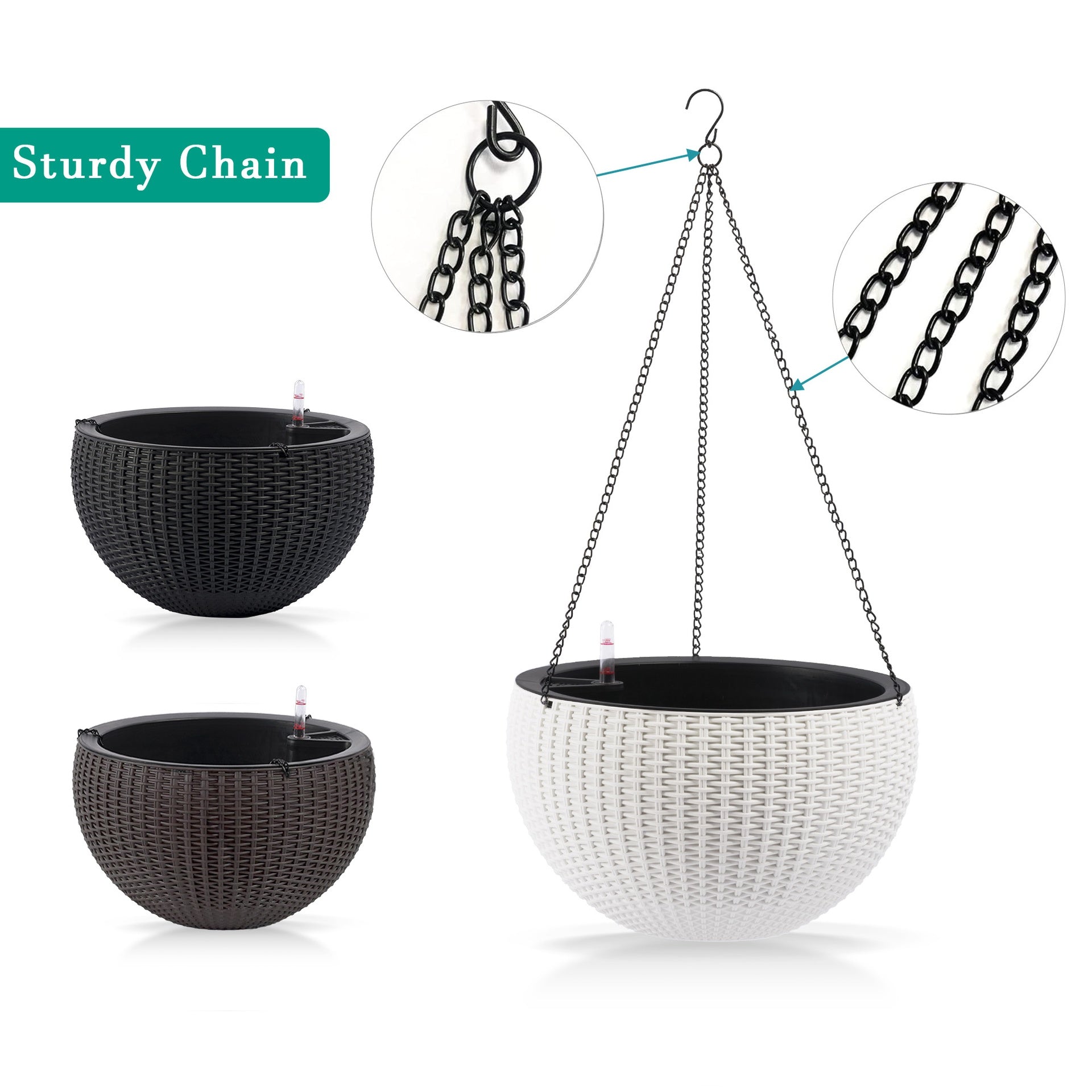 13.4 inch Self-Watering Hanging Rattan-Inspired Planter Large Capacity, Root-Rot Resistant Water Storage with Water Level Indicator, Dual-Use for Indoor & Balcony Decoration (Pack of 2, White)