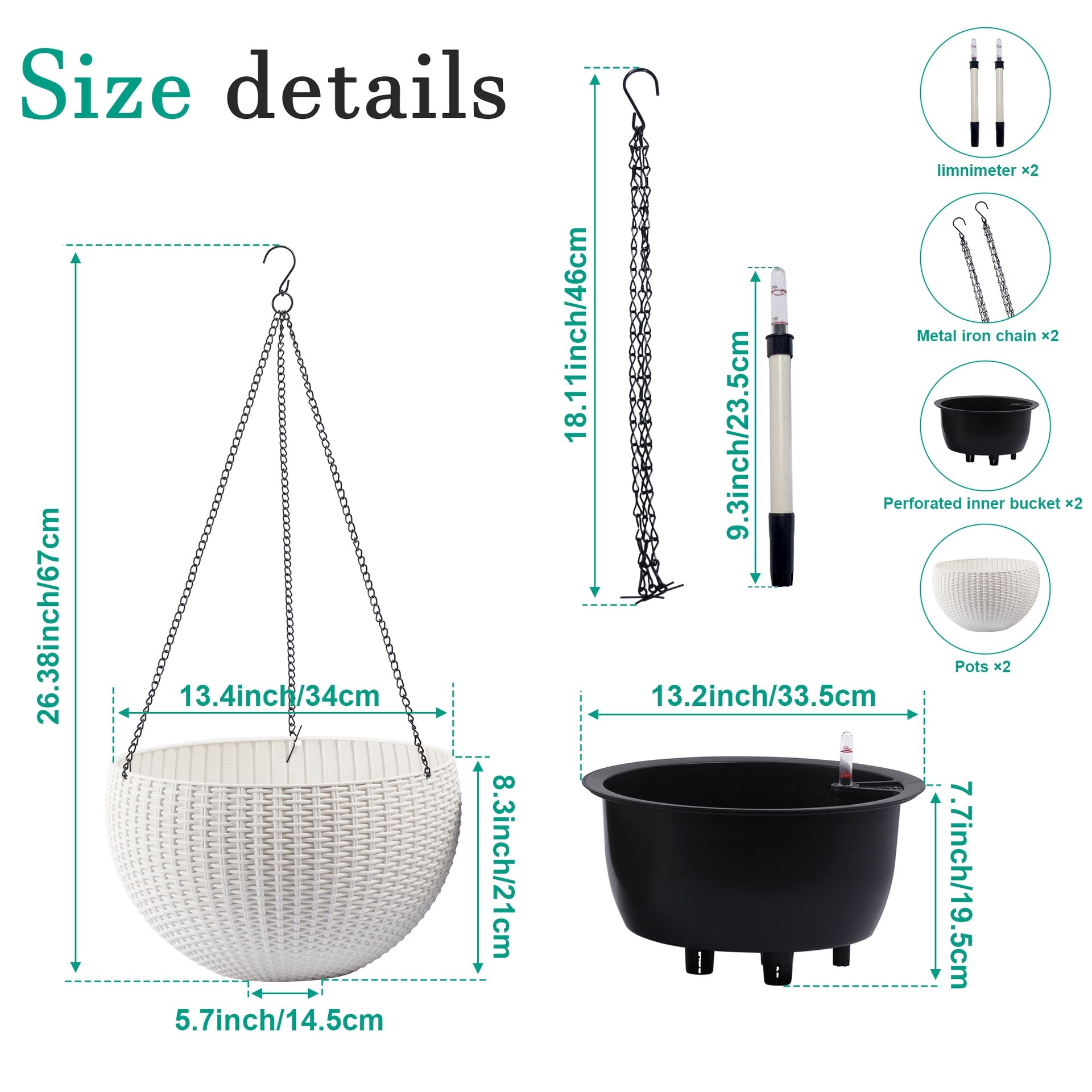 13.4 inch Self-Watering Hanging Rattan-Inspired Planter Large Capacity, Root-Rot Resistant Water Storage with Water Level Indicator, Dual-Use for Indoor & Balcony Decoration (Pack of 2, White)