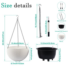 13.4 inch Self-Watering Hanging Rattan-Inspired Planter Large Capacity, Root-Rot Resistant Water Storage with Water Level Indicator, Dual-Use for Indoor & Balcony Decoration (Pack of 2, White)