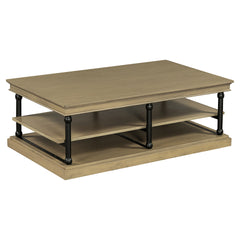 55.1" Wood Coffee Table with Black Legs, 2 Open Storage Shelves, Modern Living Room Table, Brown