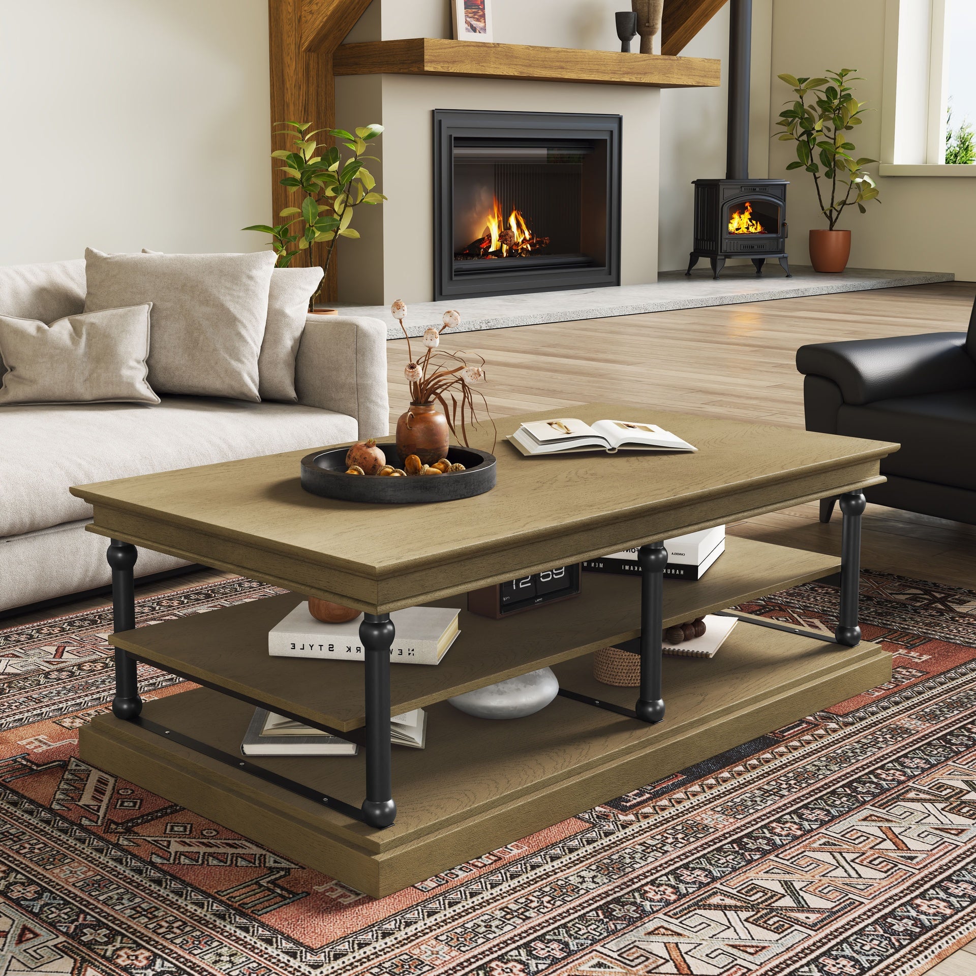 55.1" Wood Coffee Table with Black Legs, 2 Open Storage Shelves, Modern Living Room Table, Brown