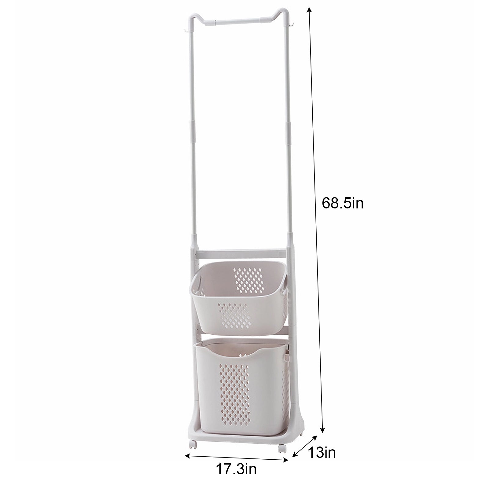 2-Tier Laundry Hamper Sorter with Hanging Bar, Rolling Laundry Baskets with Wheels Removable, Stackable Laundry Cart Organizer and Storage for Small Space, Dorm, Closet, Bathroom