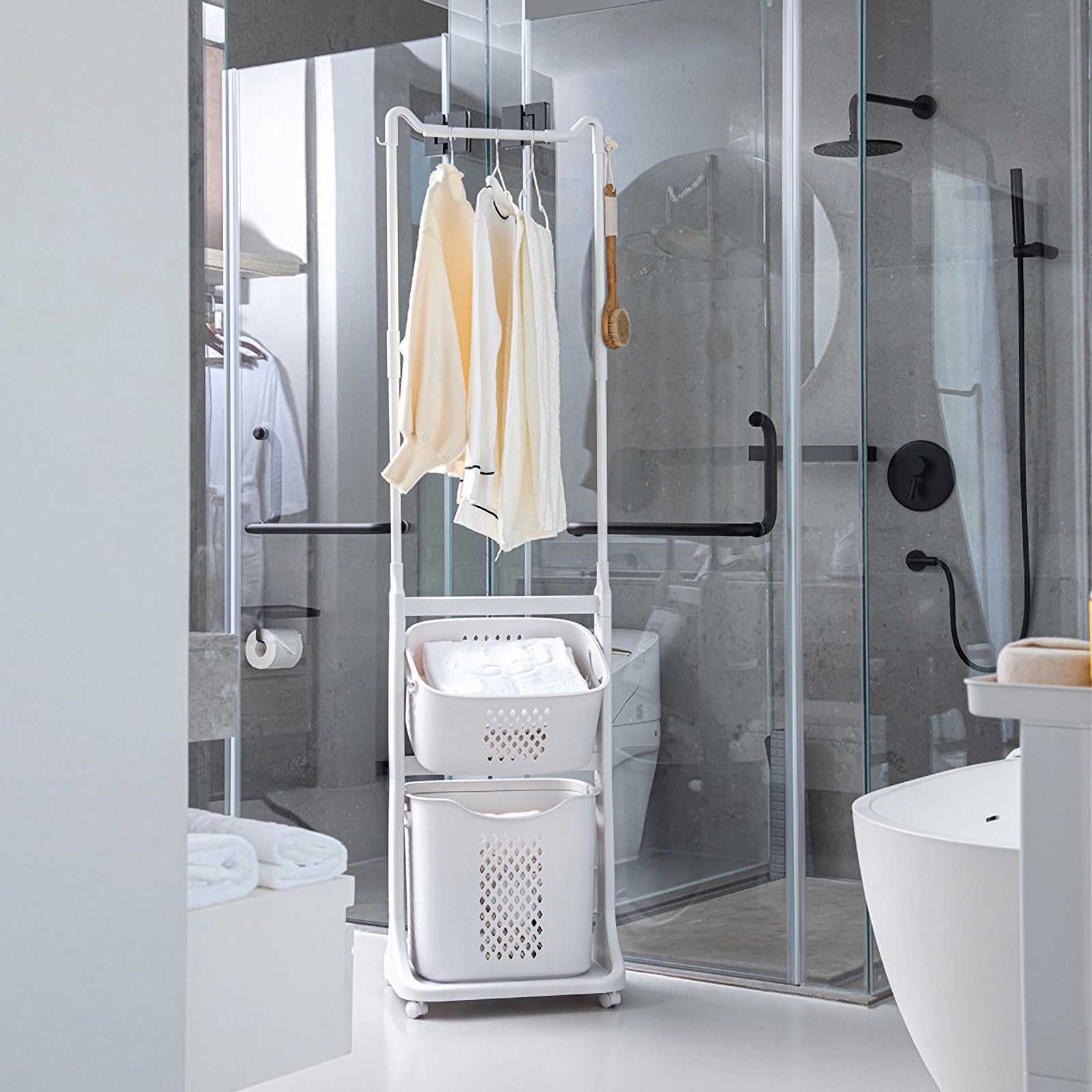 2-Tier Laundry Hamper Sorter with Hanging Bar, Rolling Laundry Baskets with Wheels Removable, Stackable Laundry Cart Organizer and Storage for Small Space, Dorm, Closet, Bathroom