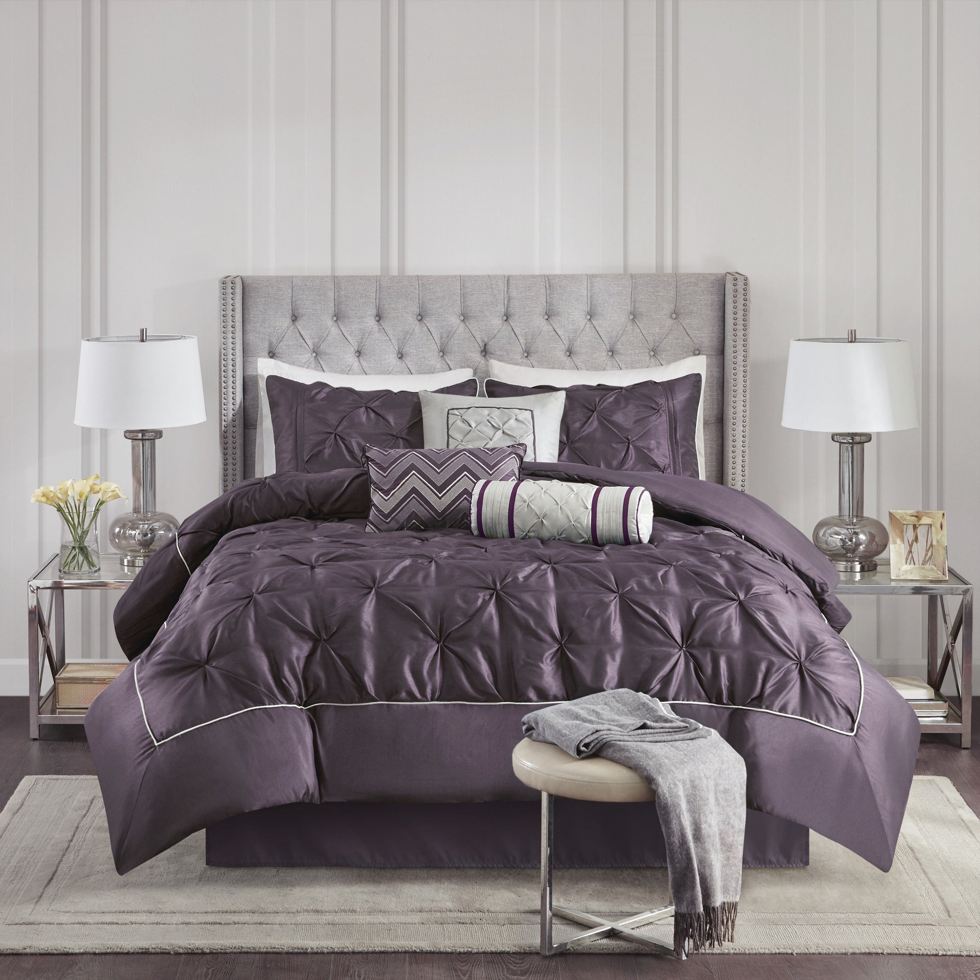 7-Piece Queen 100% Polyester Pieced Pleated Tufted Comforter Set