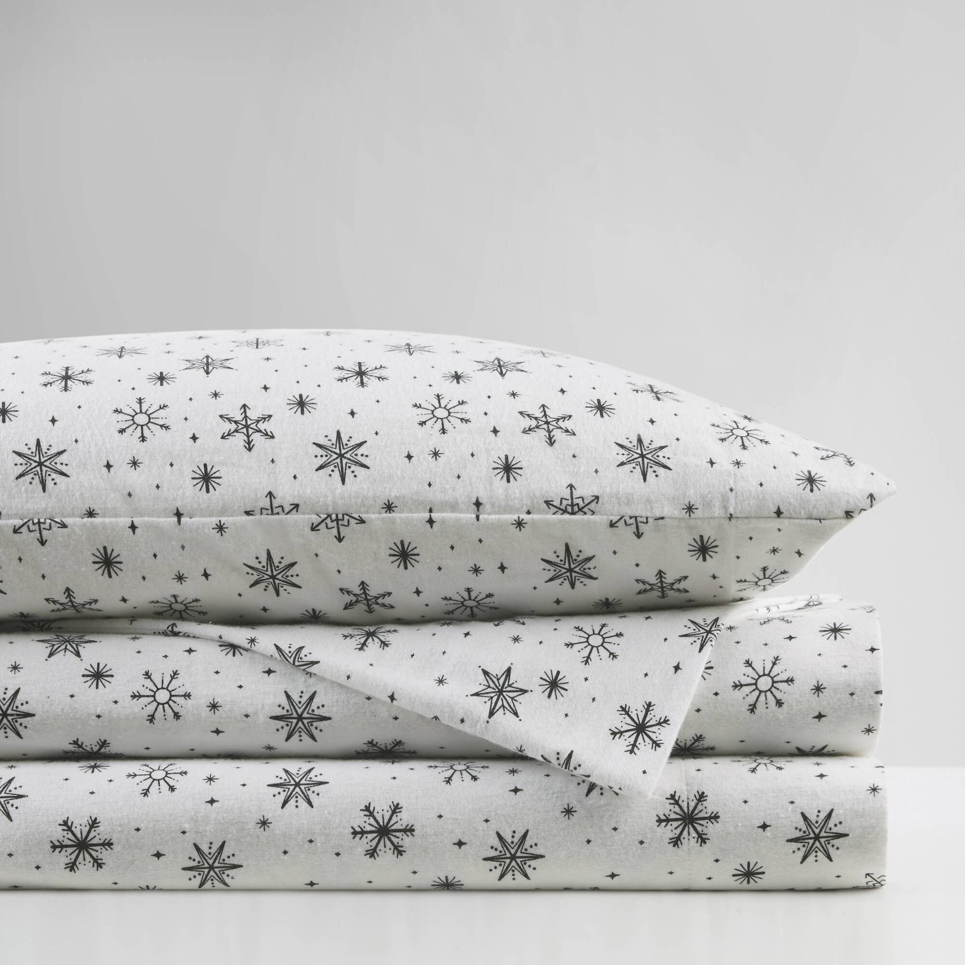 4-Piece Queen 100% Cotton Flannel Printed Sheet Set,Black Snowflakes