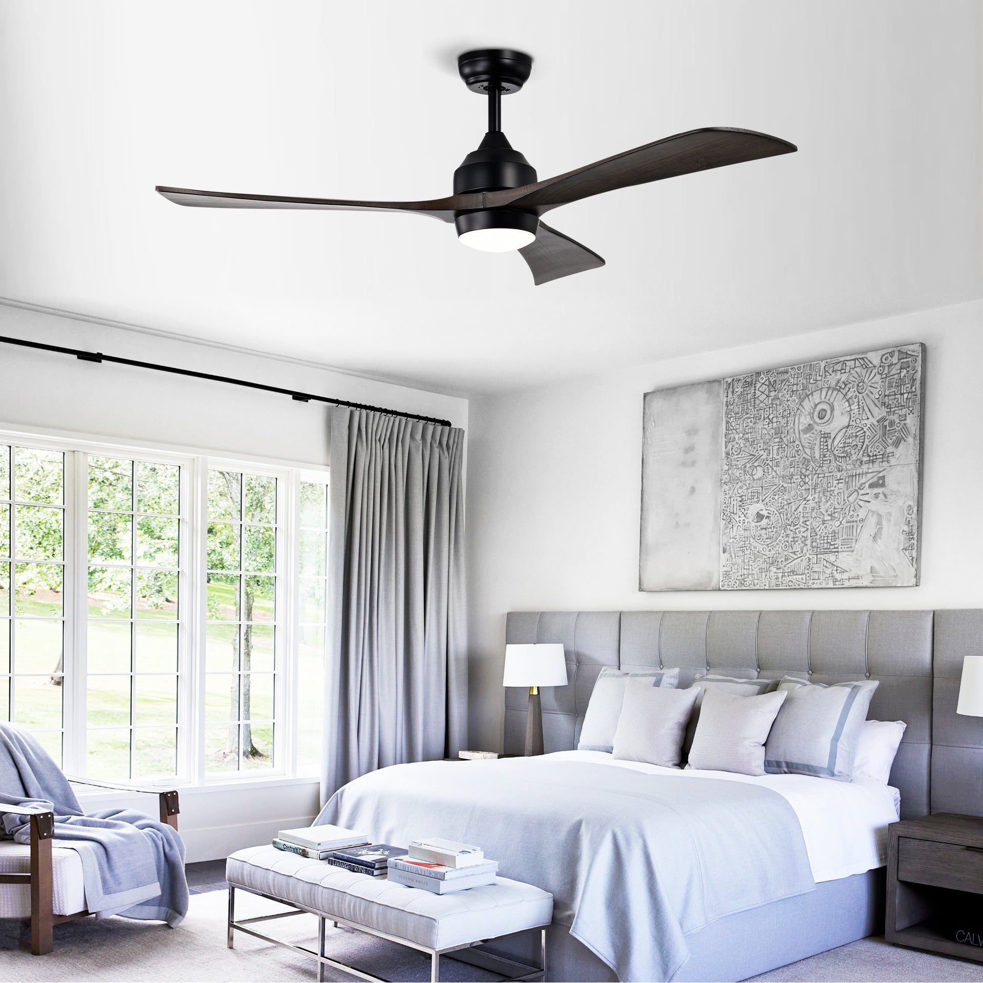 52" Solid Wood Blades Ceiling Fan with Lights Remote Control,Quiet DC Motor 3 Blade Ceiling Fans 6 Speed Levels,Reversible Ceiling Fan, for Patio Living Room, Bedroom, Office,Indoor.(Matte Black)