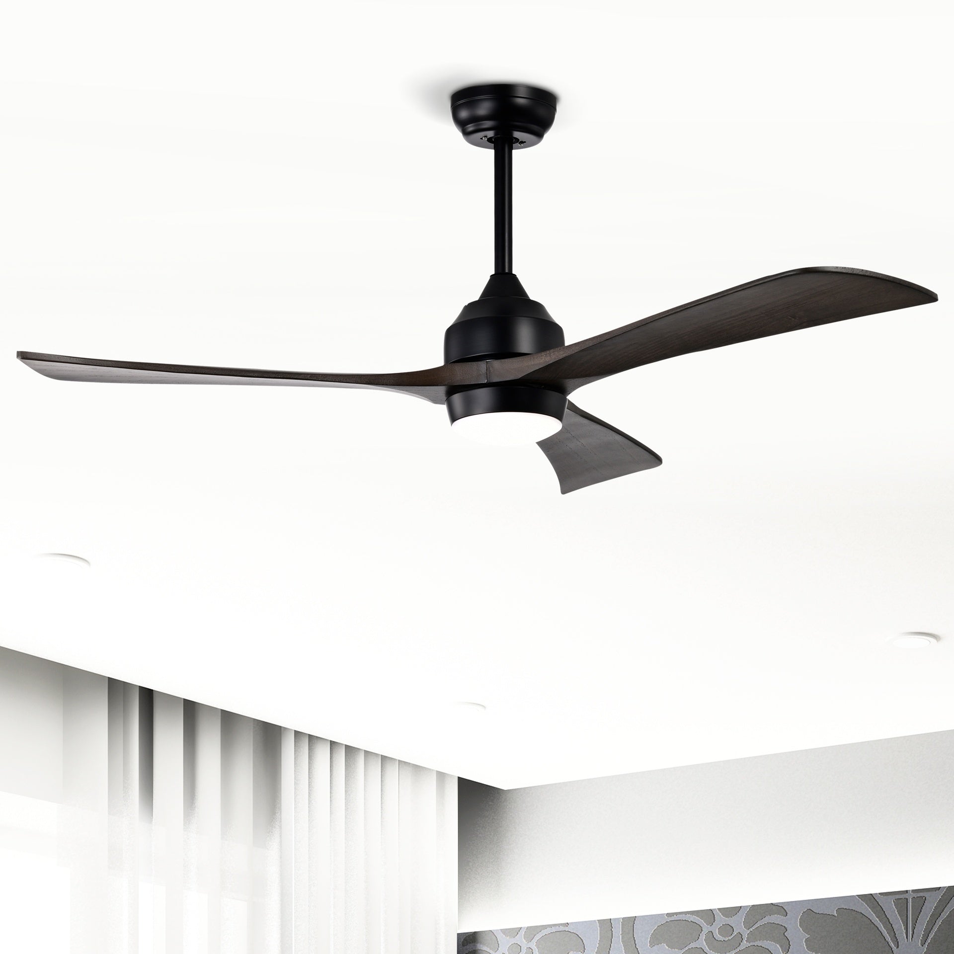 52" Solid Wood Blades Ceiling Fan with Lights Remote Control,Quiet DC Motor 3 Blade Ceiling Fans 6 Speed Levels,Reversible Ceiling Fan, for Patio Living Room, Bedroom, Office,Indoor.(Matte Black)