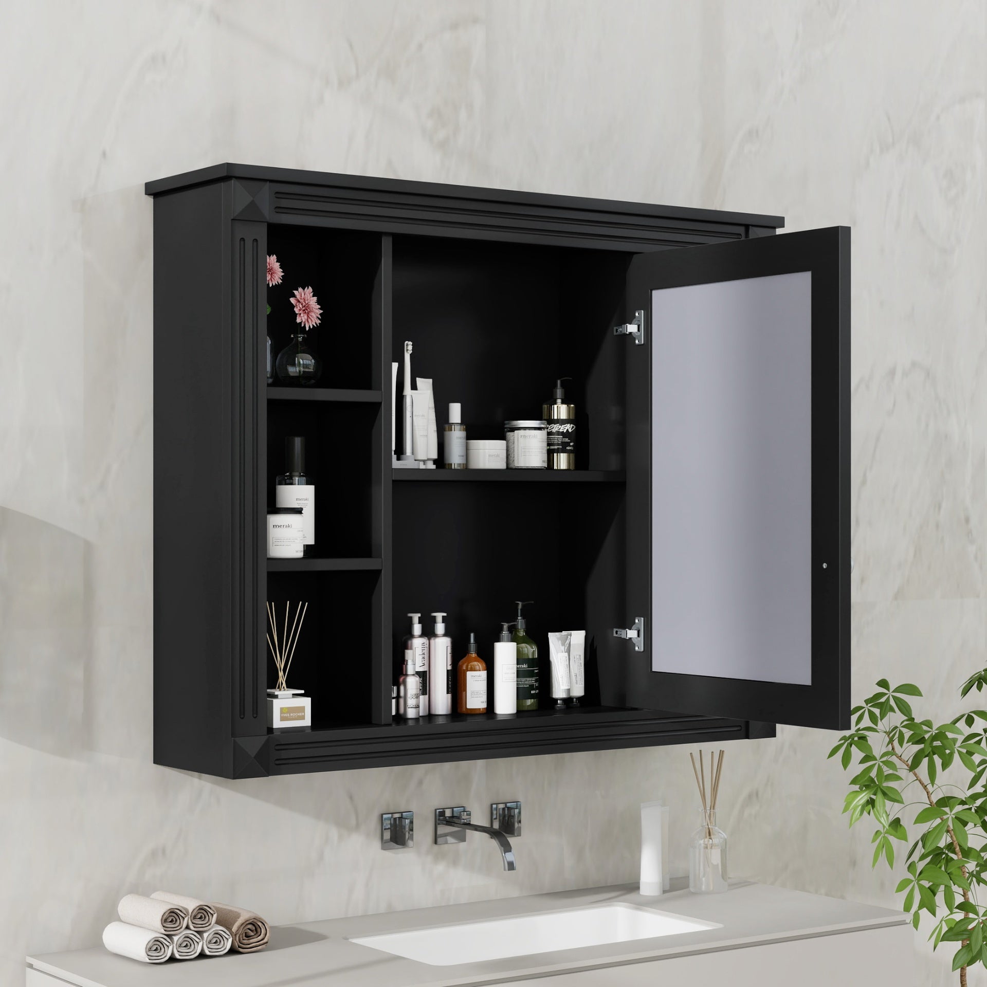 35'' x 28'' Wall Mounted Bathroom Storage Cabinet, Medicine Cabinet, Modern Bathroom Wall Cabinet with Mirror, Mirror Cabinet with 6 Open Shelves (Not Include Bathroom Vanity )