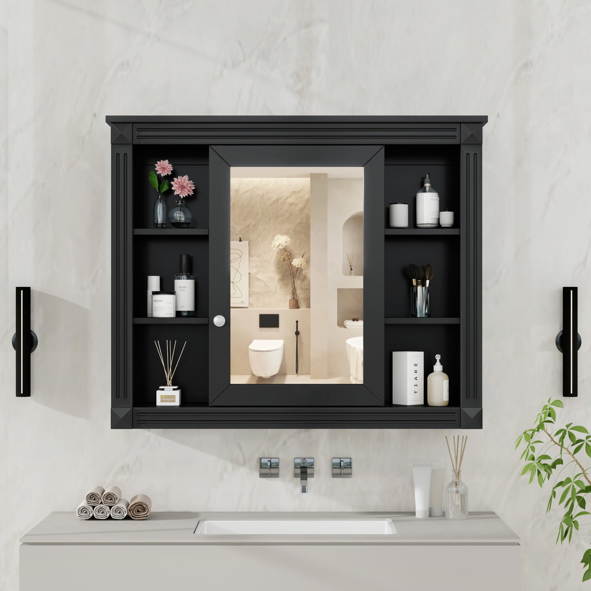 35'' x 28'' Wall Mounted Bathroom Storage Cabinet, Medicine Cabinet, Modern Bathroom Wall Cabinet with Mirror, Mirror Cabinet with 6 Open Shelves (Not Include Bathroom Vanity )