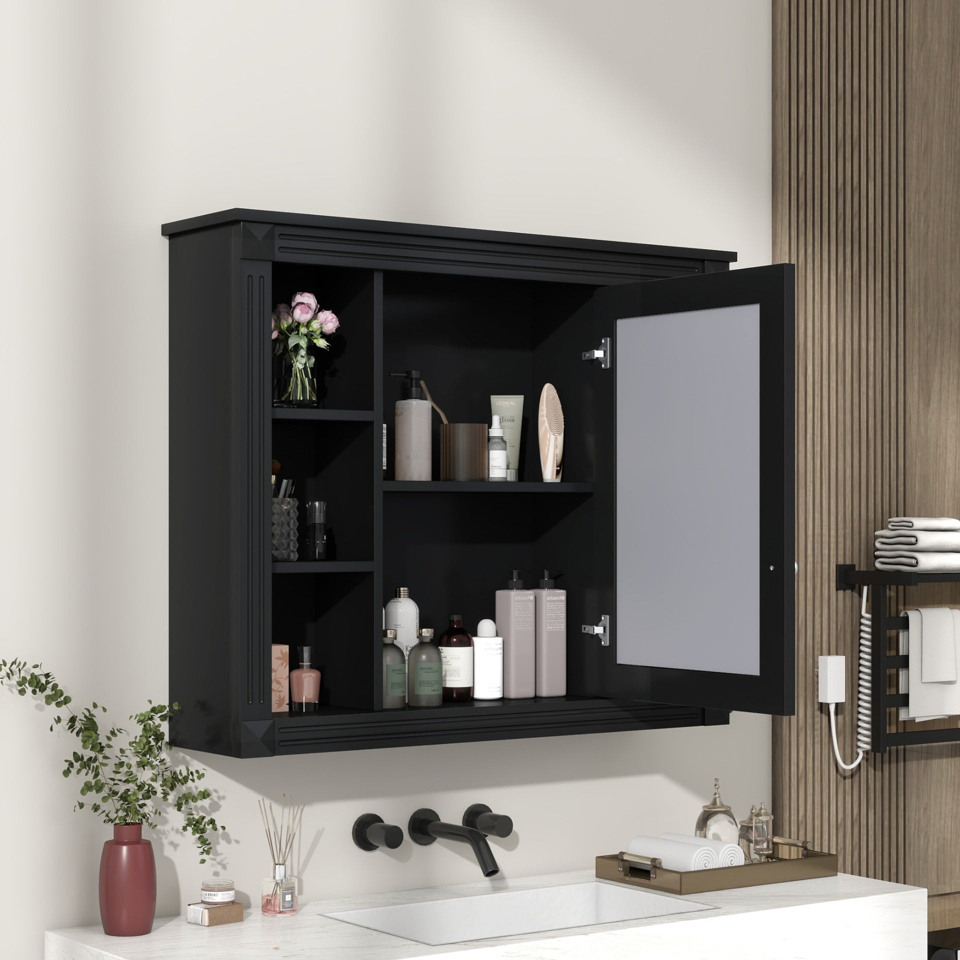 35'' x 28'' Wall Mounted Bathroom Storage Cabinet, Medicine Cabinet, Modern Bathroom Wall Cabinet with Mirror, Mirror Cabinet with 6 Open Shelves (Not Include Bathroom Vanity )