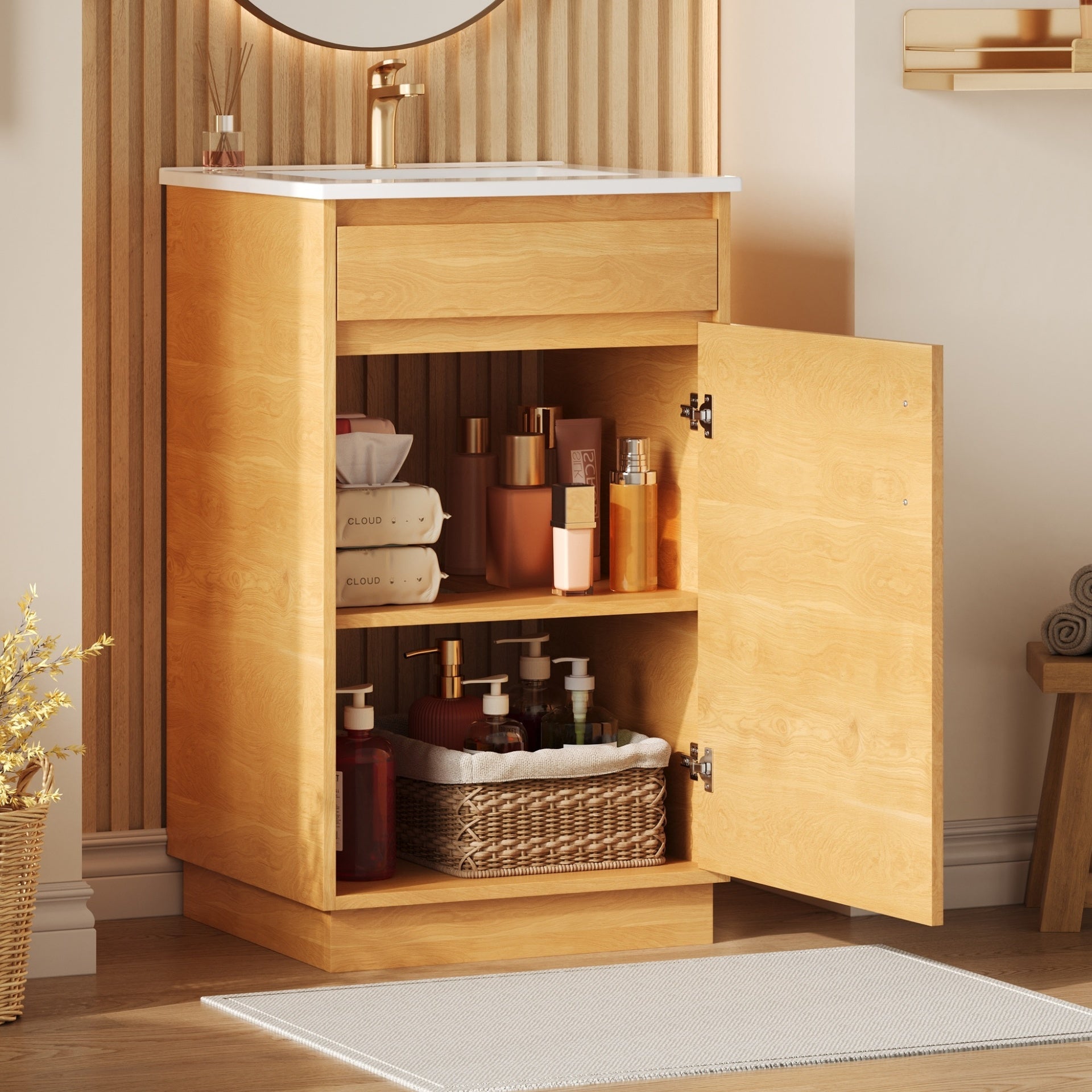 20-inch Bathroom Vanity with Ceramic Sink, Freestanding Single Vanity Set with Soft Closing Door, Adjustable Shelf, Farmhouse Style, Natural Wood.