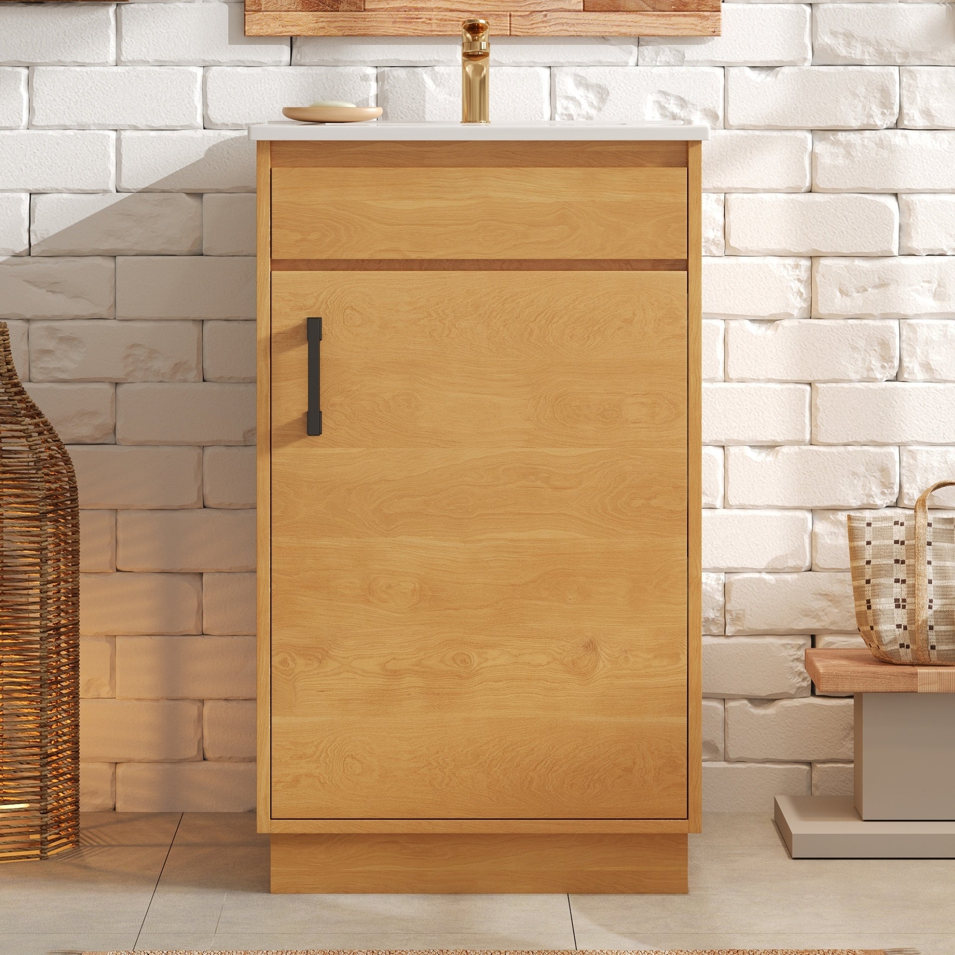 20-inch Bathroom Vanity with Ceramic Sink, Freestanding Single Vanity Set with Soft Closing Door, Adjustable Shelf, Farmhouse Style, Natural Wood.