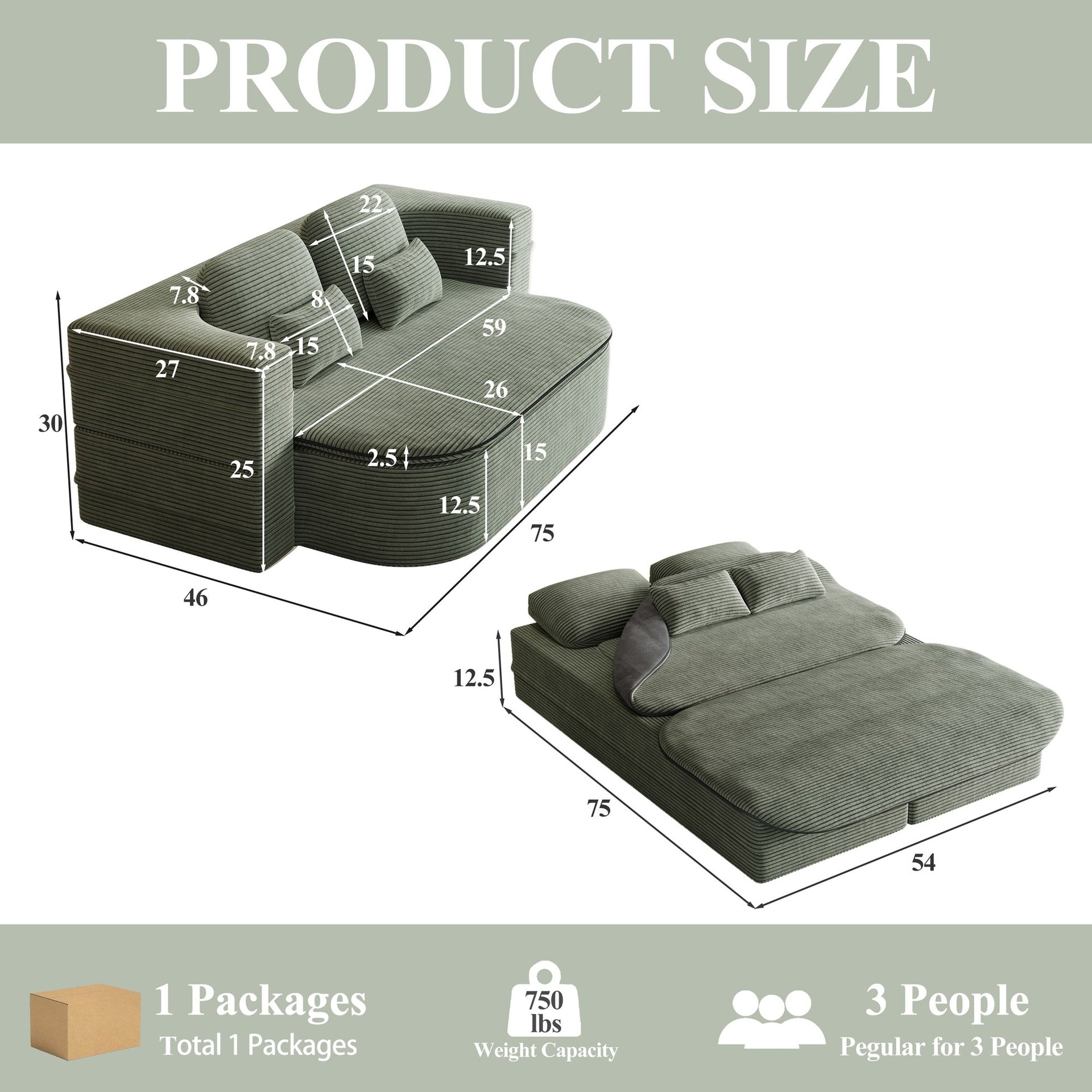 75''2-in-1 Foldable Sofa,Convertible Sleeper Foam Sofa Bed with Multi Functional Blanket, Corduroy Floor folding sofa bed,  Floor Sofa Lounge Sofa for Living Room Bedroom Lounge Studio