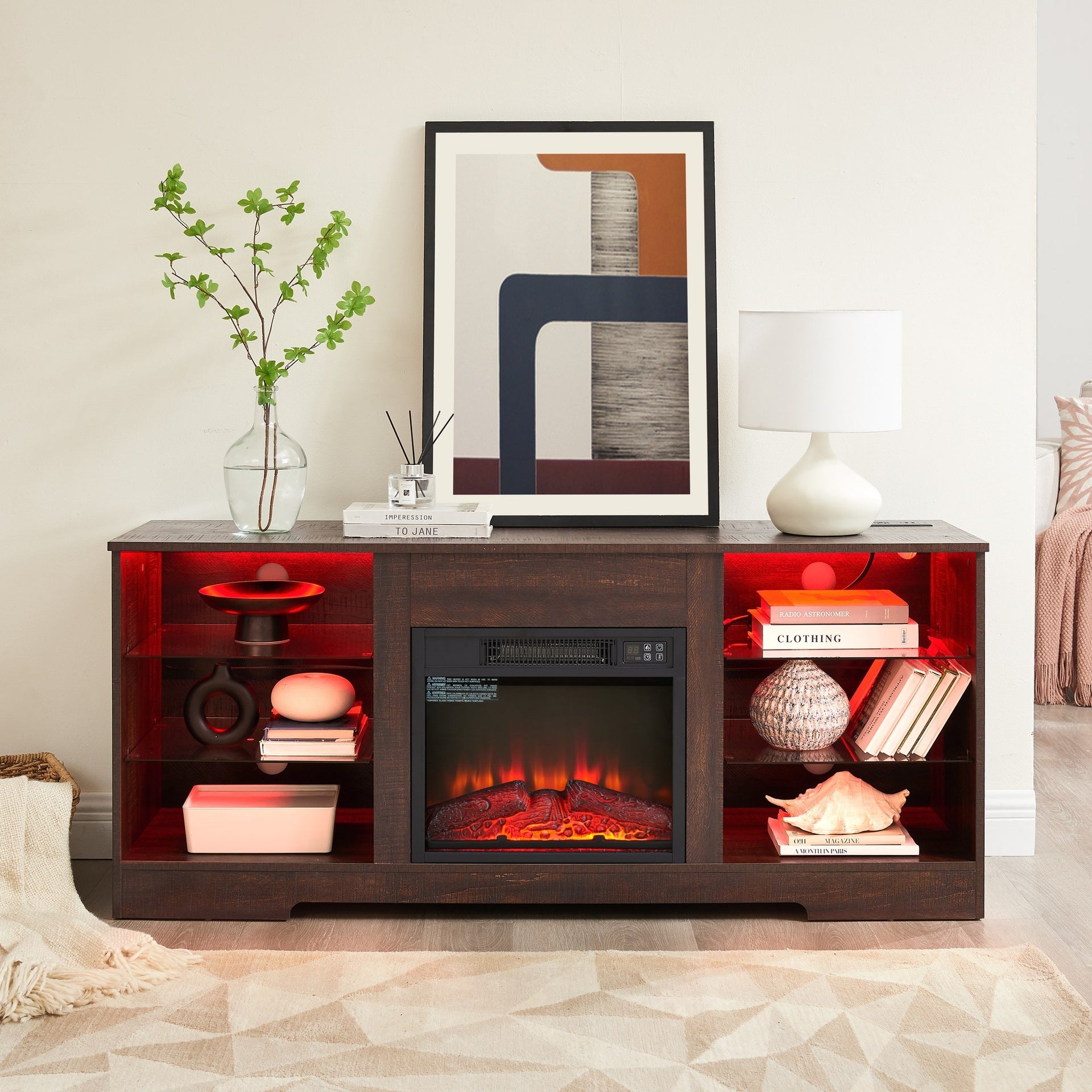 TV Stand Electric Fireplace TV Stand with Glass Shelves, 3D Fireplace TV Stand with LED Lights Wood with USB Charging Outlet Modern Television Table Center for TV up to 32-62" ESP 58''W*15.4''D*24.4