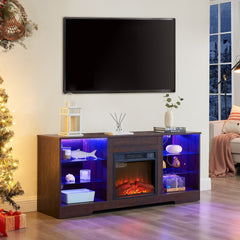 TV Stand Electric Fireplace TV Stand with Glass Shelves, 3D Fireplace TV Stand with LED Lights Wood with USB Charging Outlet Modern Television Table Center for TV up to 32-62" ESP 58''W*15.4''D*24.4