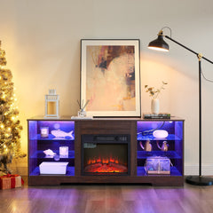TV Stand Electric Fireplace TV Stand with Glass Shelves, 3D Fireplace TV Stand with LED Lights Wood with USB Charging Outlet Modern Television Table Center for TV up to 32-62" ESP 58''W*15.4''D*24.4