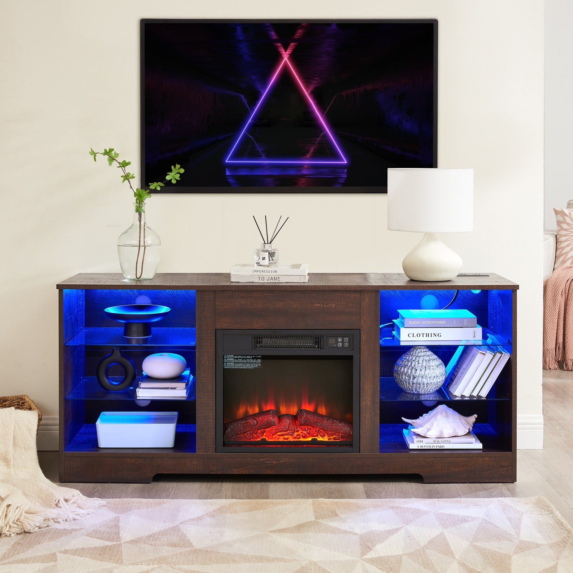 TV Stand Electric Fireplace TV Stand with Glass Shelves, 3D Fireplace TV Stand with LED Lights Wood with USB Charging Outlet Modern Television Table Center for TV up to 32-62" ESP 58''W*15.4''D*24.4
