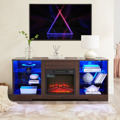 TV Stand Electric Fireplace TV Stand with Glass Shelves, 3D Fireplace TV Stand with LED Lights Wood with USB Charging Outlet Modern Television Table Center for TV up to 32-62" ESP 58''W*15.4''D*24.4