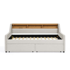 Twin Size Upholstery Sofa Bed with Three LED lights, with Storage Adjustable Headboard, with Two Storage Pull Up drawers and Wireless Charging, Linen Padded Sofa Bed frame, Beige