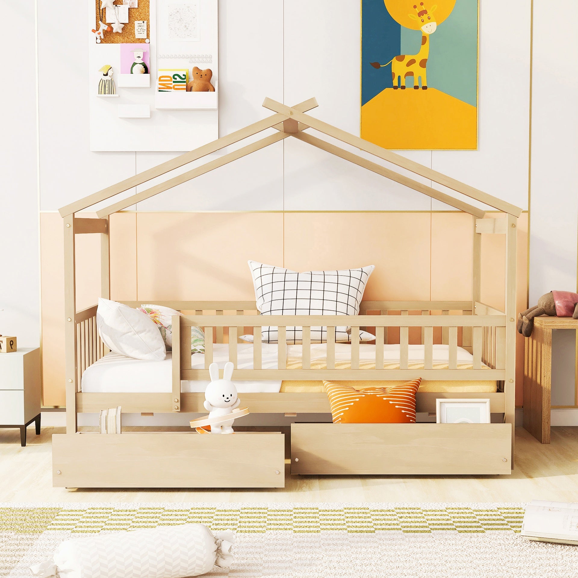 Twin Size Wooden House Bed with Two Drawers, Natural