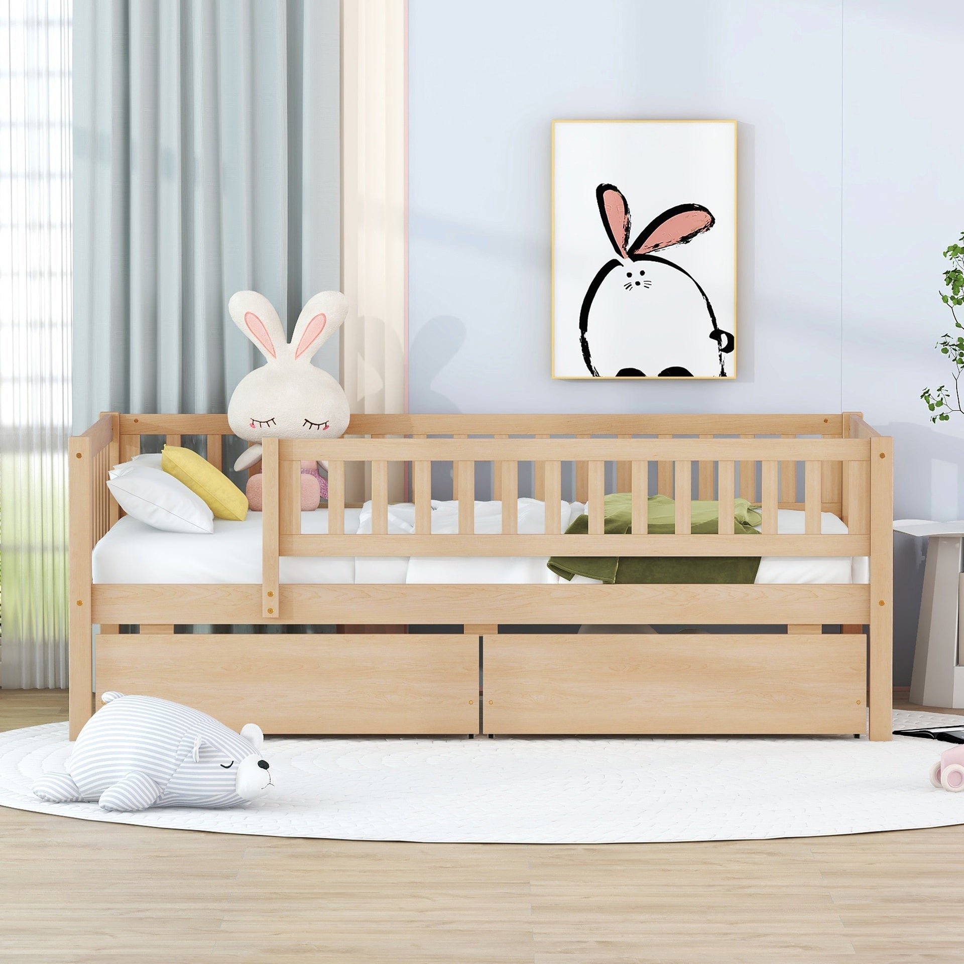 Twin Size Daybed Wood Bed with Two Drawers, Natural