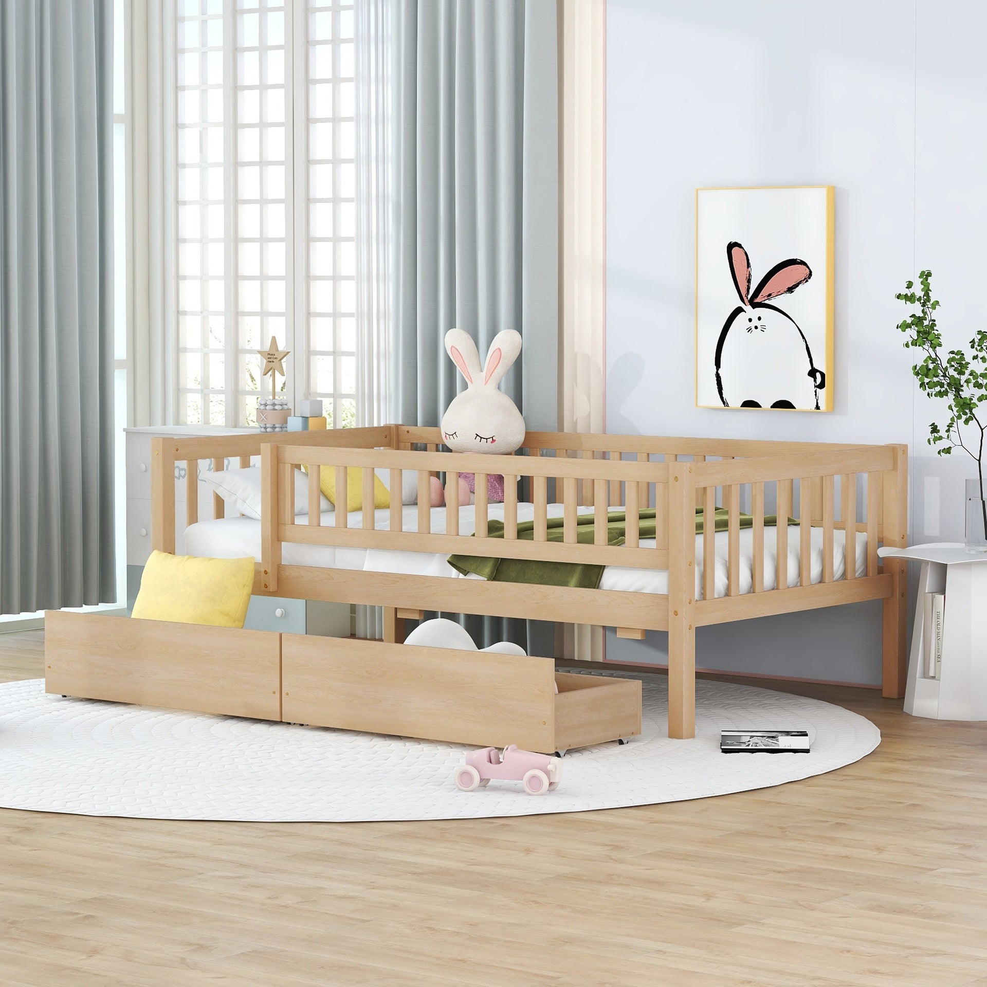 Twin Size Daybed Wood Bed with Two Drawers, Natural