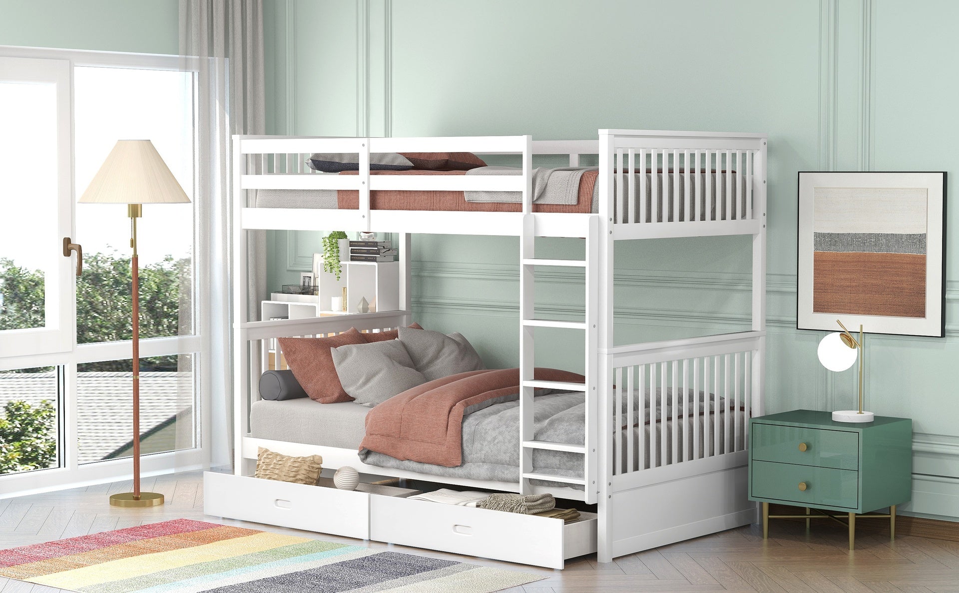 Twin-Over-Twin Bunk Bed with Ladders and Two Storage Drawers (White)