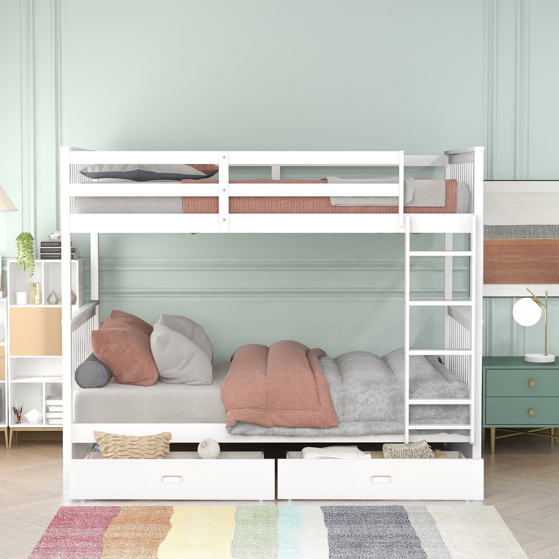 Twin-Over-Twin Bunk Bed with Ladders and Two Storage Drawers (White)