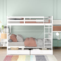 Twin-Over-Twin Bunk Bed with Ladders and Two Storage Drawers (White)