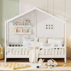 Twin Size House Bed with Shelves, House Bed with Window and  Sparkling Light Strip on the Roof, White