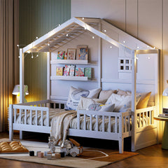Twin Size House Bed with Shelves, House Bed with Window and  Sparkling Light Strip on the Roof, White