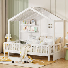 Twin Size House Bed with Shelves, House Bed with Window and  Sparkling Light Strip on the Roof, White