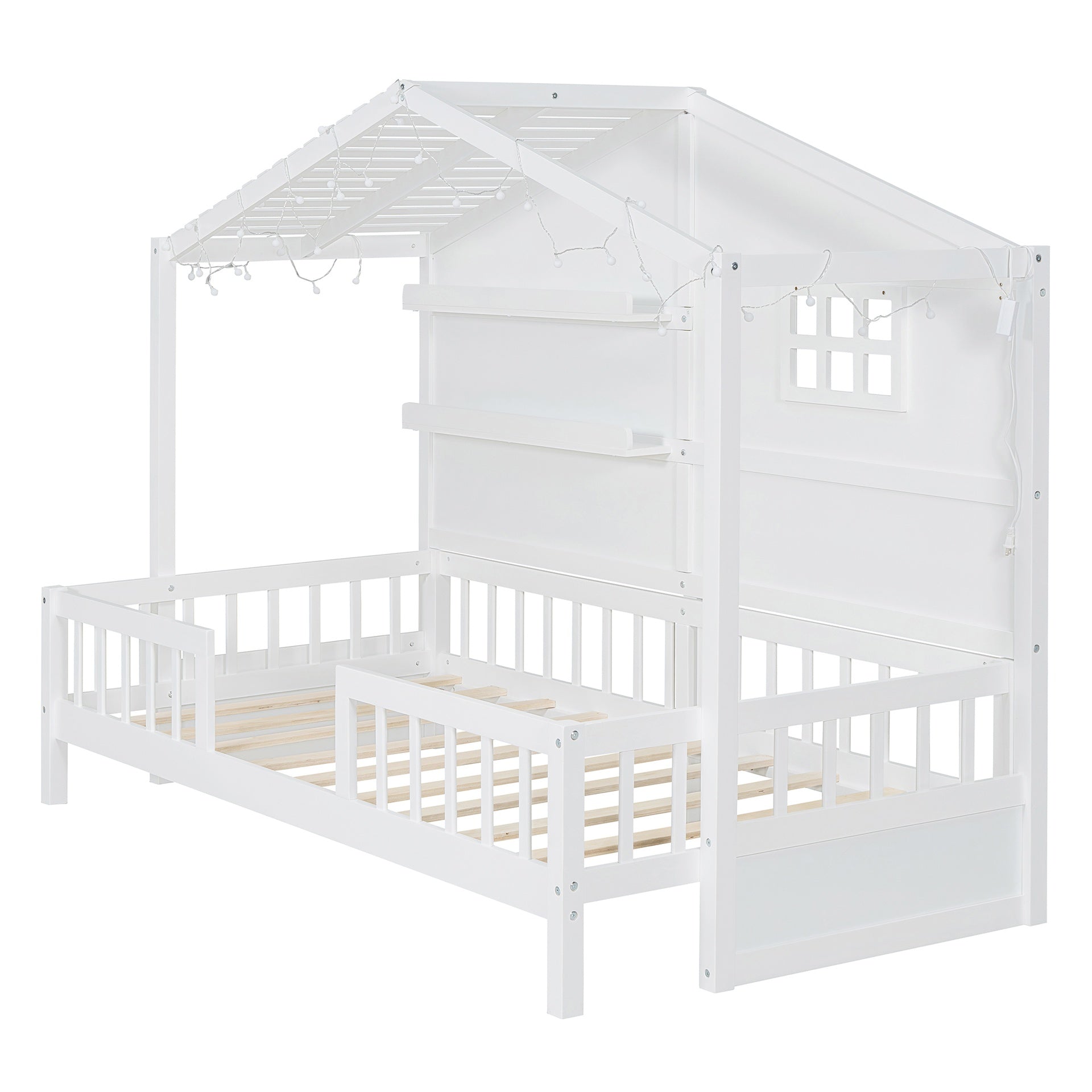 Twin Size House Bed with Shelves, House Bed with Window and  Sparkling Light Strip on the Roof, White