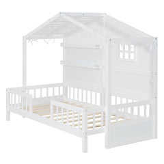 Twin Size House Bed with Shelves, House Bed with Window and  Sparkling Light Strip on the Roof, White