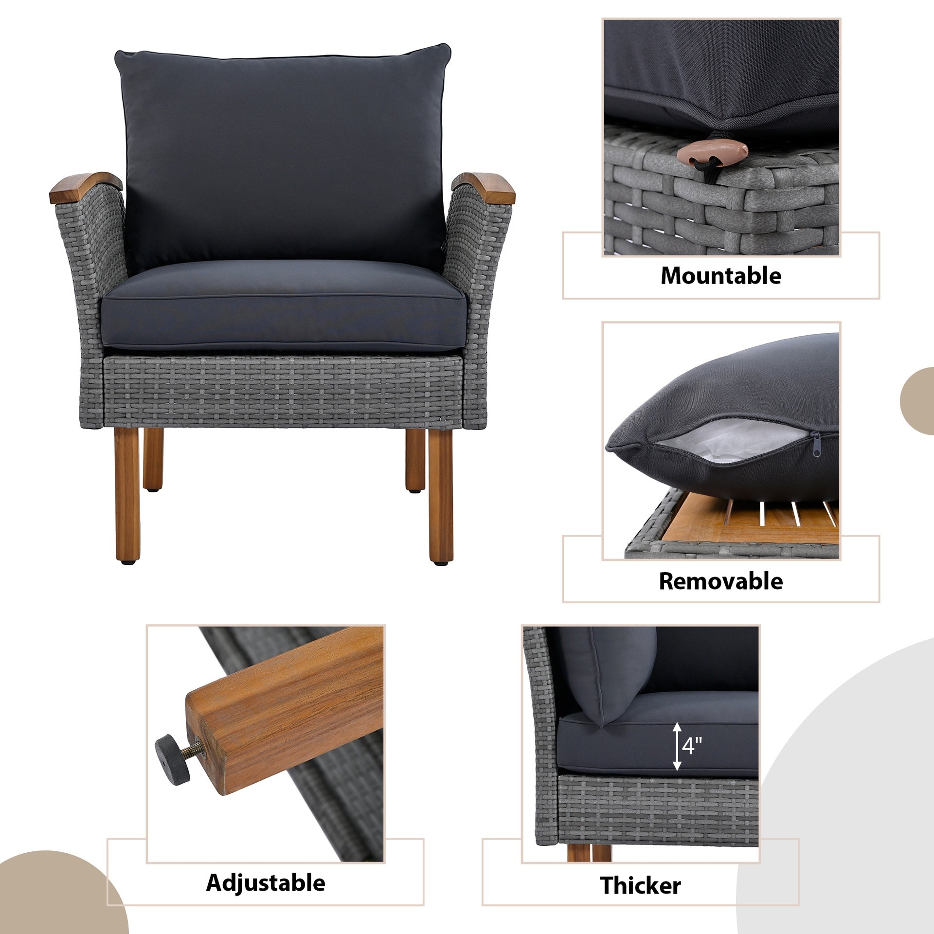 <Old SKU: FF201208AAE> 9-Piece Patio Rattan Furniture Set, Outdoor Conversation Set With Acacia Wood Legs and Tabletop, PE Rattan Sectional Sofa Set with Coffee Table, Washable Cushion, Gray