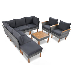 <Old SKU: FF201208AAE> 9-Piece Patio Rattan Furniture Set, Outdoor Conversation Set With Acacia Wood Legs and Tabletop, PE Rattan Sectional Sofa Set with Coffee Table, Washable Cushion, Gray