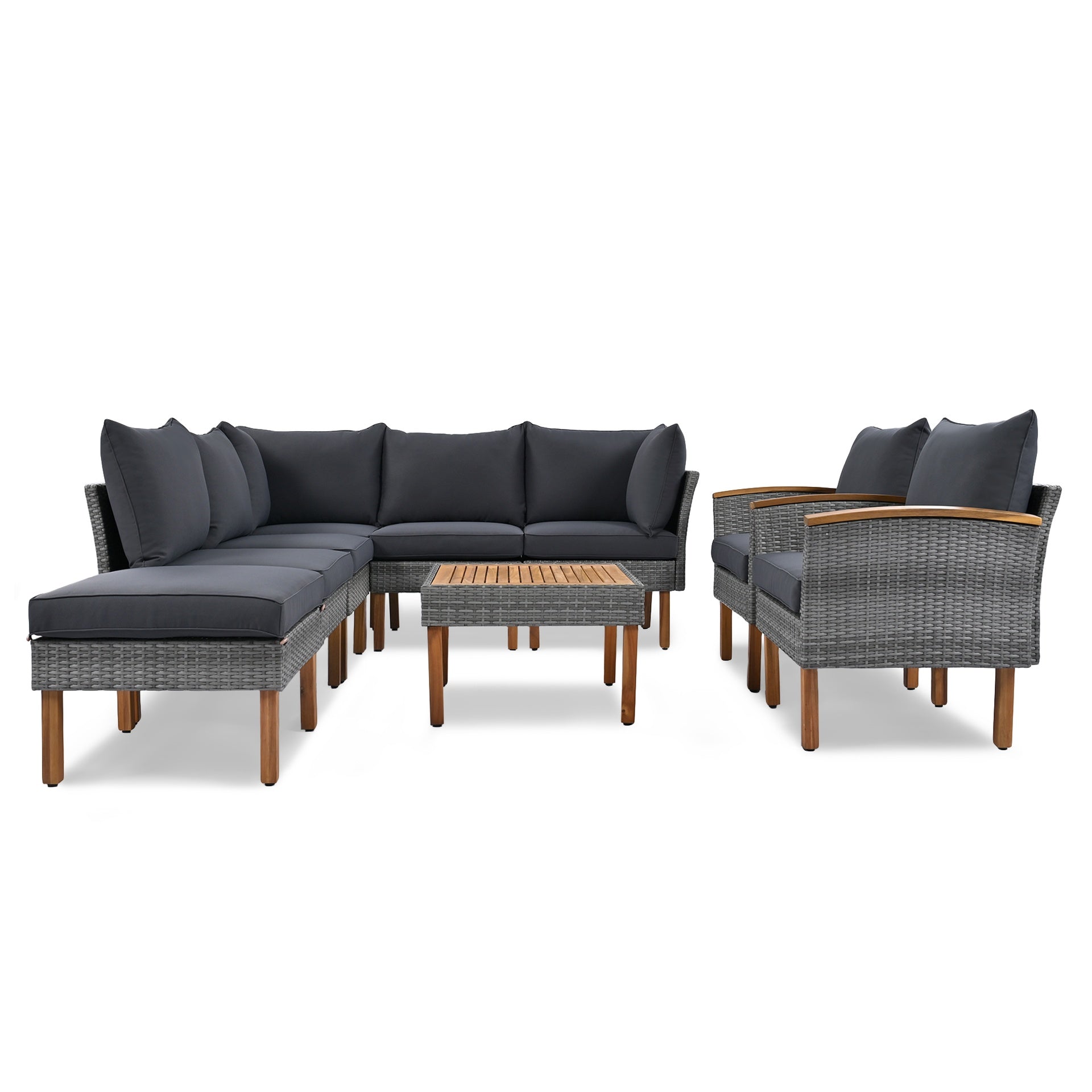 <Old SKU: FF201208AAE> 9-Piece Patio Rattan Furniture Set, Outdoor Conversation Set With Acacia Wood Legs and Tabletop, PE Rattan Sectional Sofa Set with Coffee Table, Washable Cushion, Gray